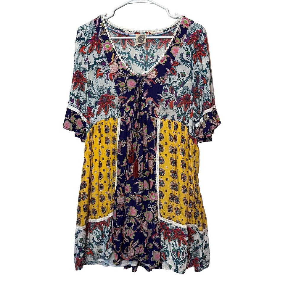 Lilka Anthropologie Trapeze Dress Boho Lace Up Tassel Floral Womens M